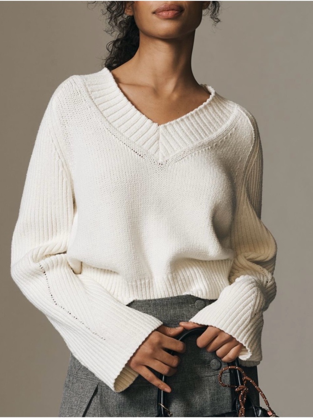 Anthropologie Cream V-Neck Ribbed Women's Sweater